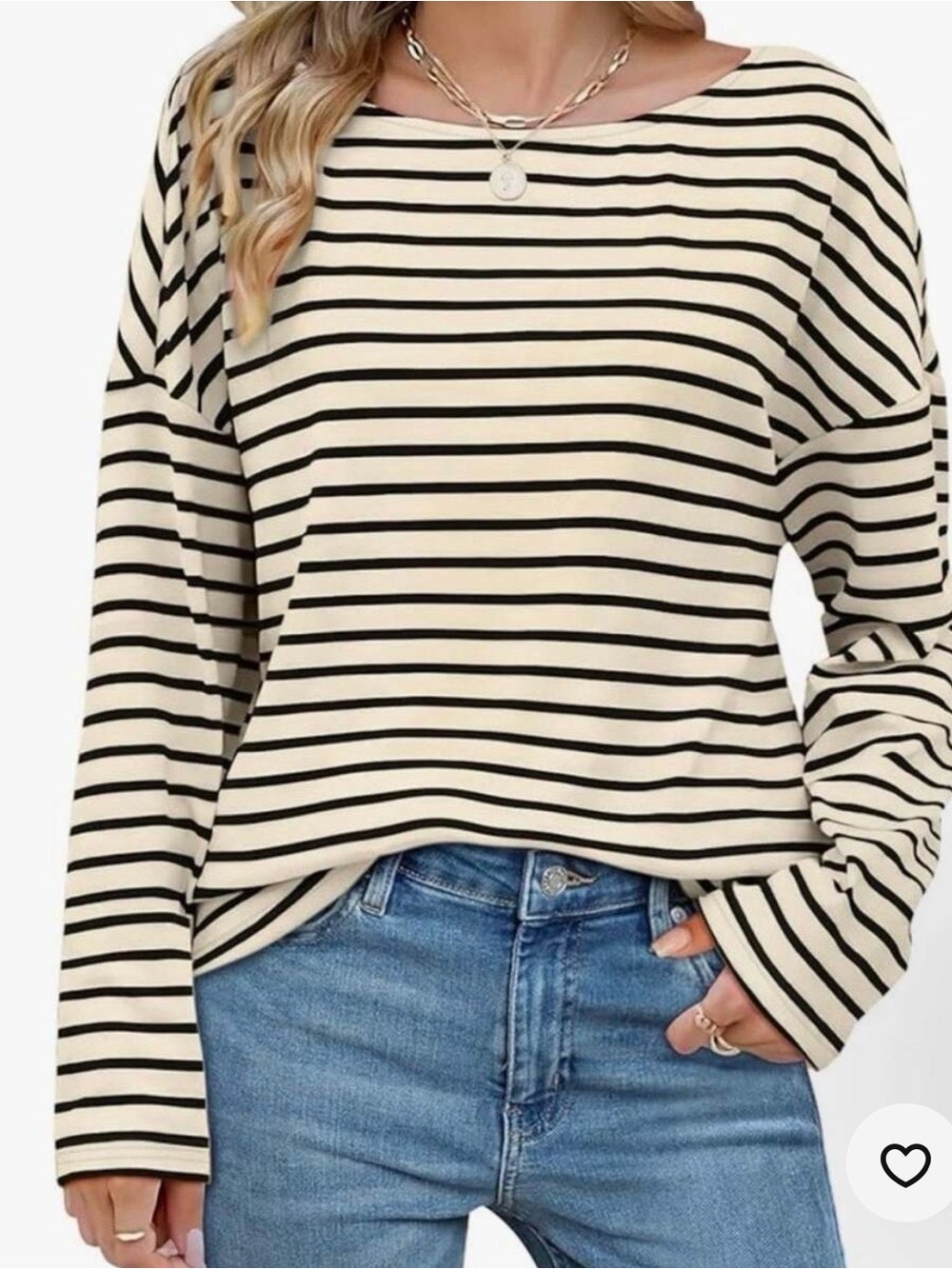 Ofeefan Striped Boat Neck Long Sleeve Drop Shoulder Top
